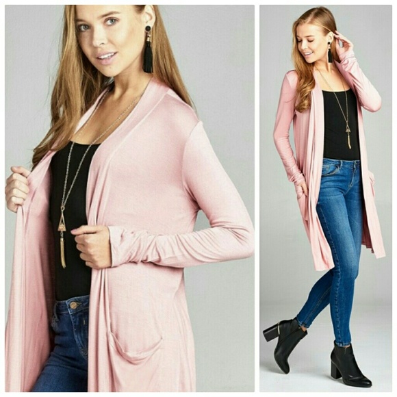 Sweaters - Pink long length open front cardigan with pockets